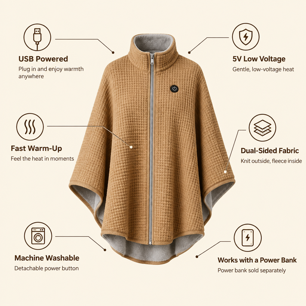 BuddyWarm heated shawl features: USB powered, 5V low voltage, fast warm-up, dual-sided fabric, machine washable