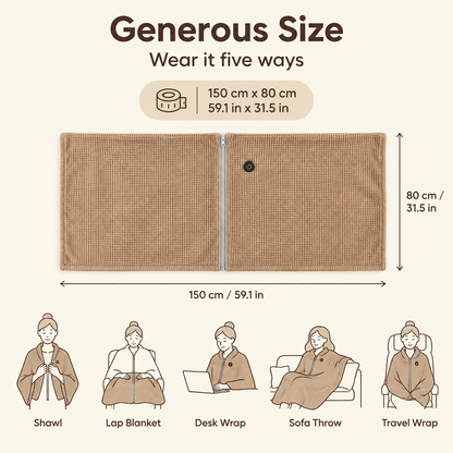 BuddyWarm heated shawl size guide: 150 cm x 80 cm (59.1 in x 31.5 in)